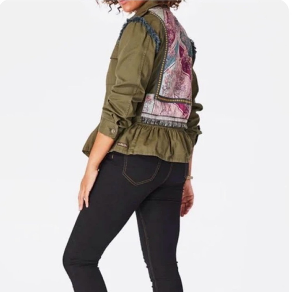 Matilda Jane Letterman Utility Jacket Boho Patchwork Back • Fringe & Peplum